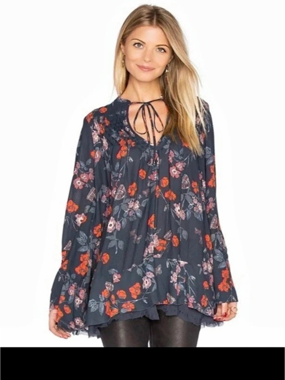 Free People Floral Tie Neck Tunic or Mini Dress in Floral Blue Size XS